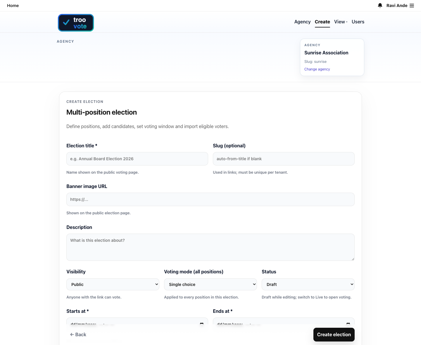 TrooVote create election screen