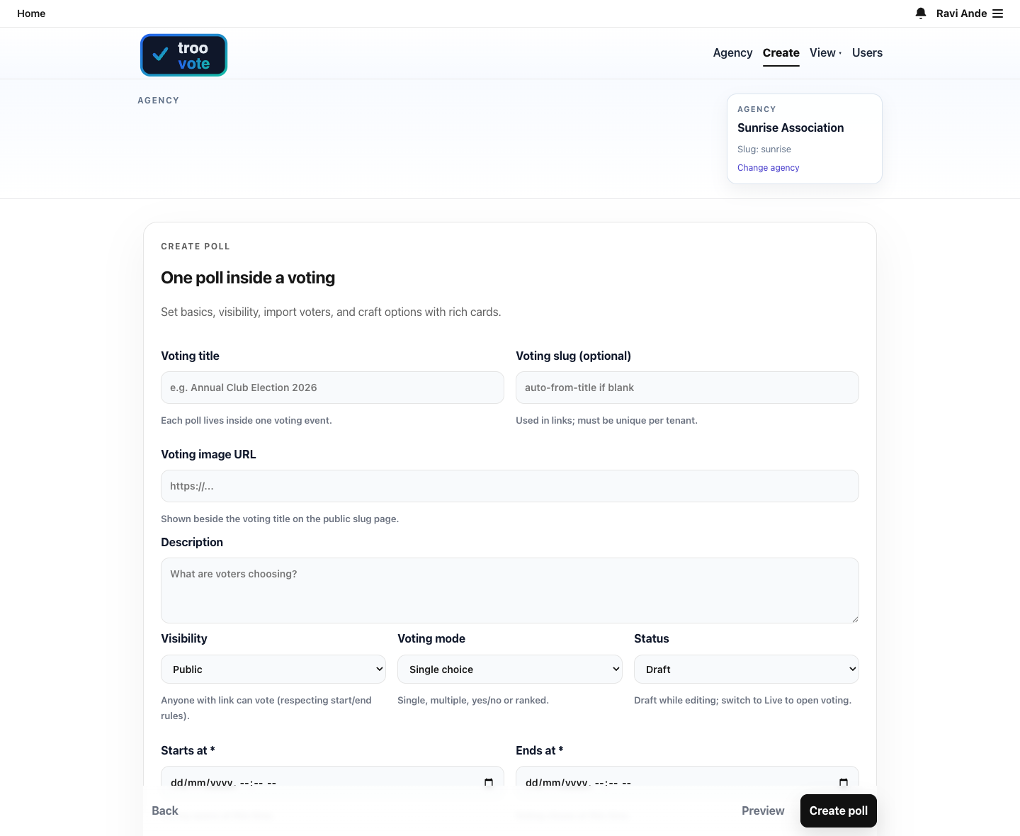 TrooVote create poll screen