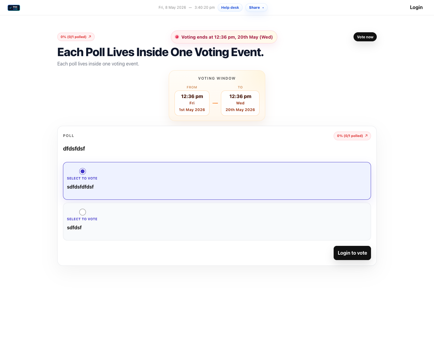 TrooVote selected option with login prompt