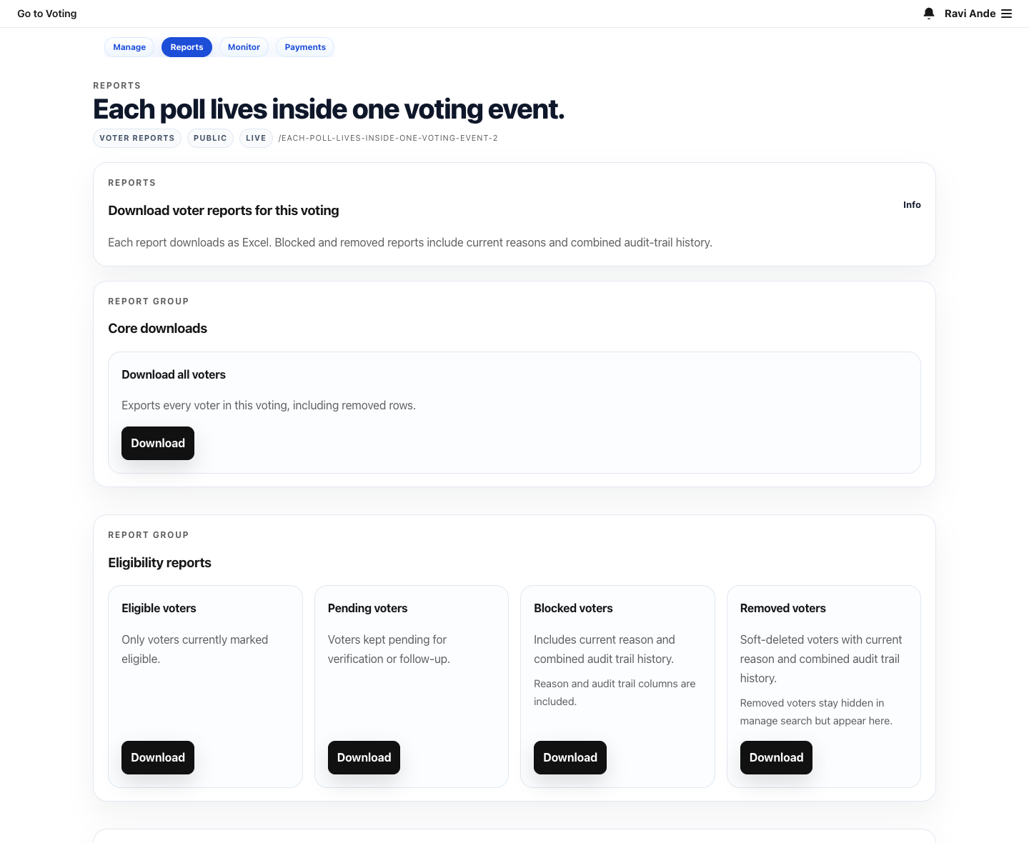 TrooVote reports screen